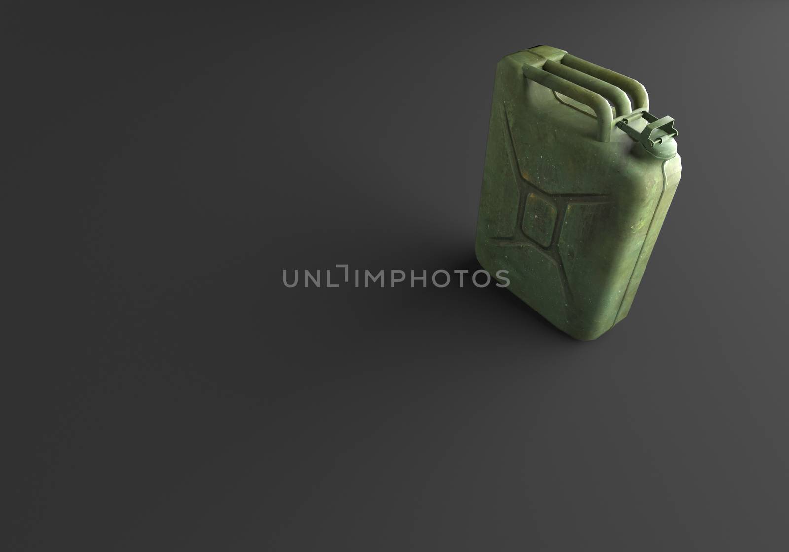 3D RENDERING OF OLD RUSTIC METAL CANISTER ON PLAIN BLACK BACKGROUND