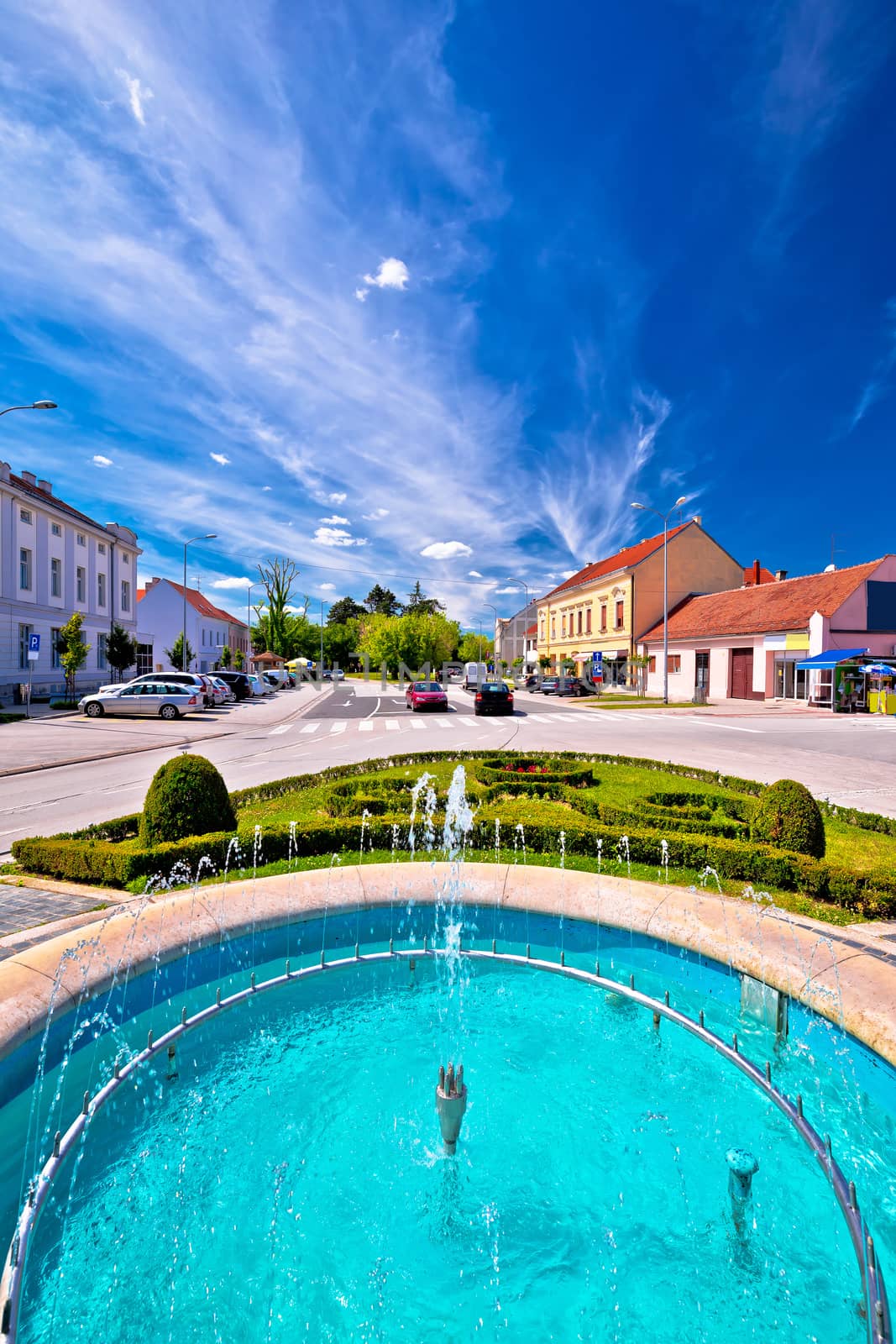 Town of Koprivnica fountain and main square view, Podravina region of Croatia