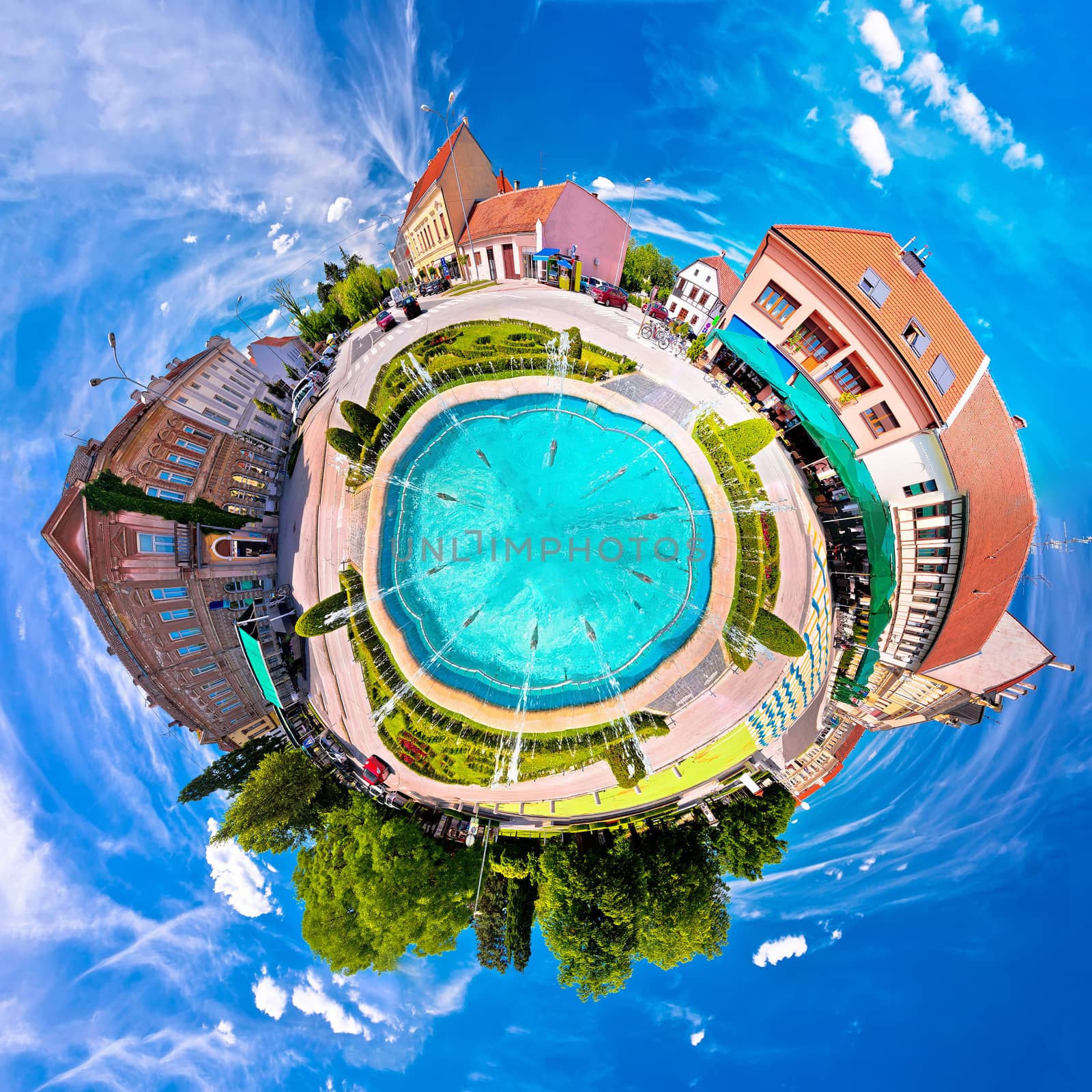 Town of Koprivnica fountain and square planet perspective panorama, Podravina region of Croatia