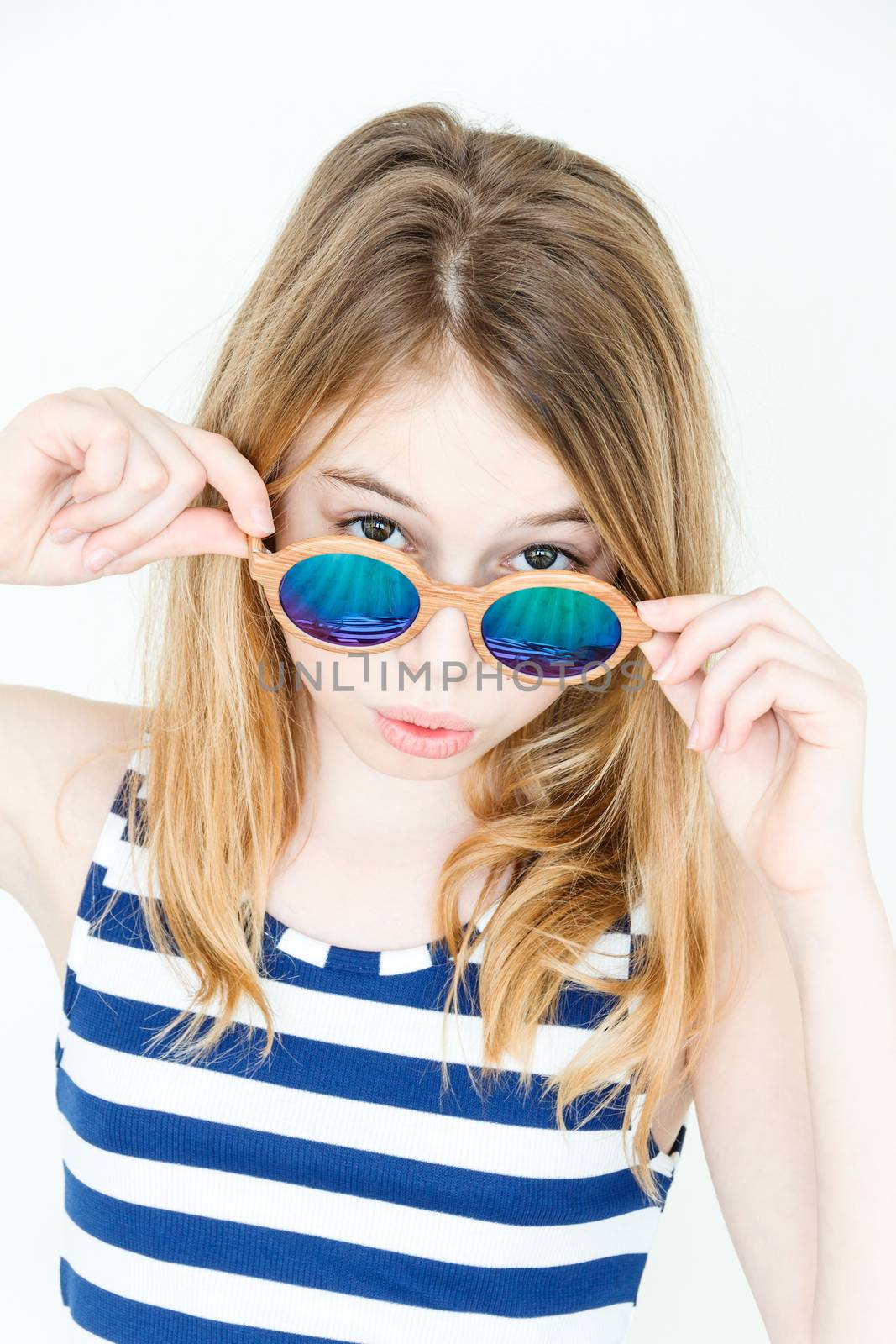 Cute blond girl with green sunglasses by Julialine
