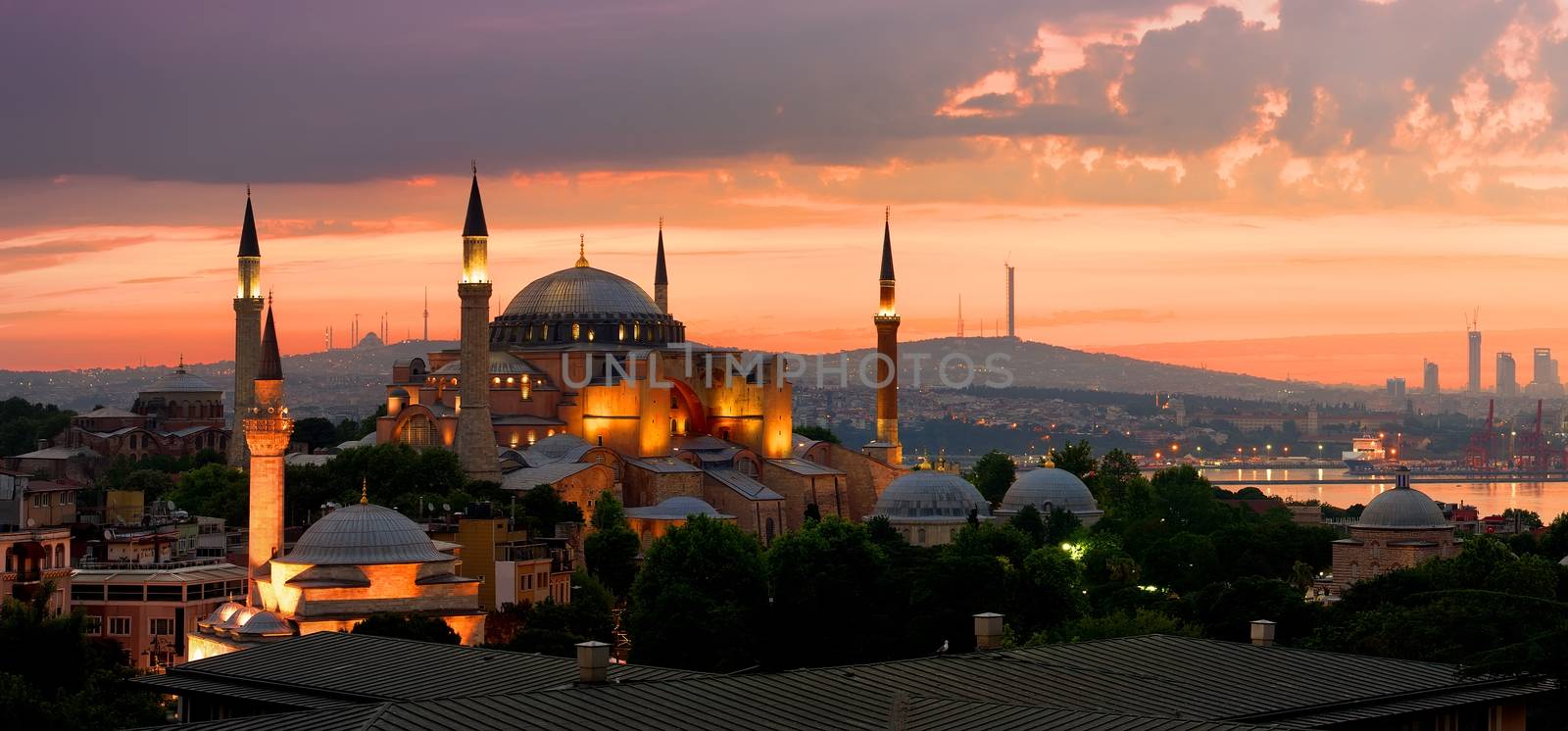 View on Ayasofya museum and cityscape of Istanbul at sunrise, Turkey