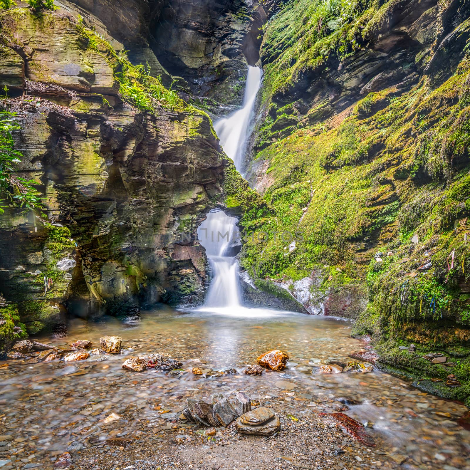 St Nectans Kieve waterfall in St Nectan's Glen valley in North Cornwall;