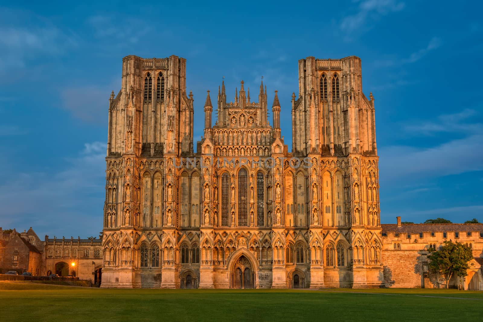 West front of Cathedral Church of Saint Andrew at night. The Wells Cathedral was built between 1175 and 1490.