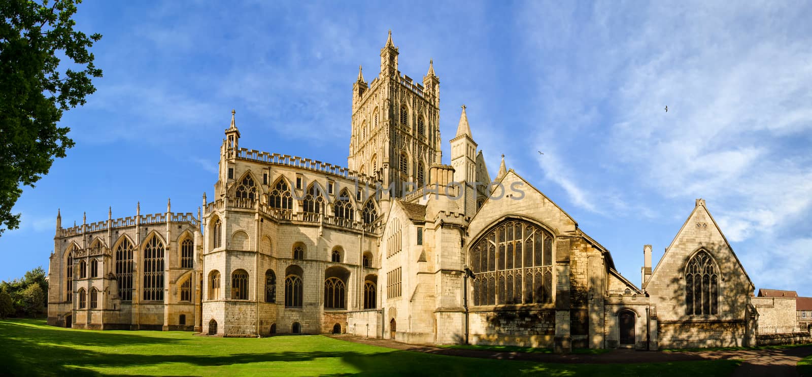 Panoramic view of Gloucester Cathedral Church of St Peter and the Holy and Indivisible Trinity on a sunny day