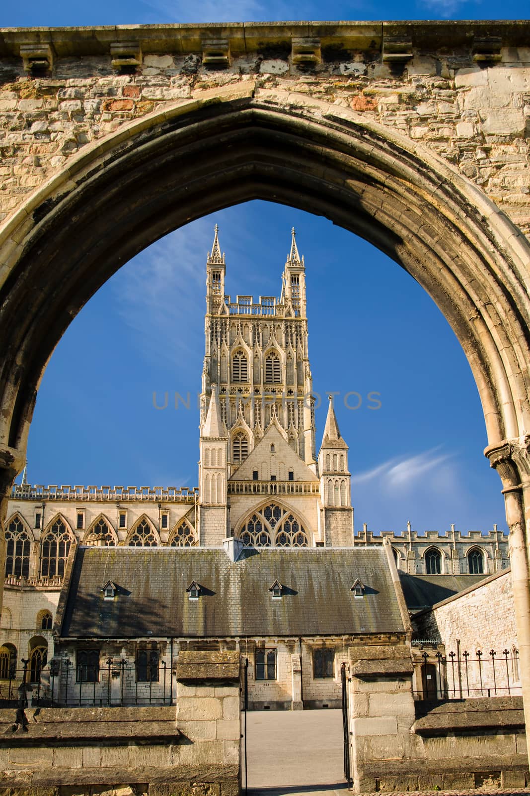 View of Gloucester Cathedral Church of St Peter
and the Holy and Indivisible Trinity through remains of Infirmary Arches 