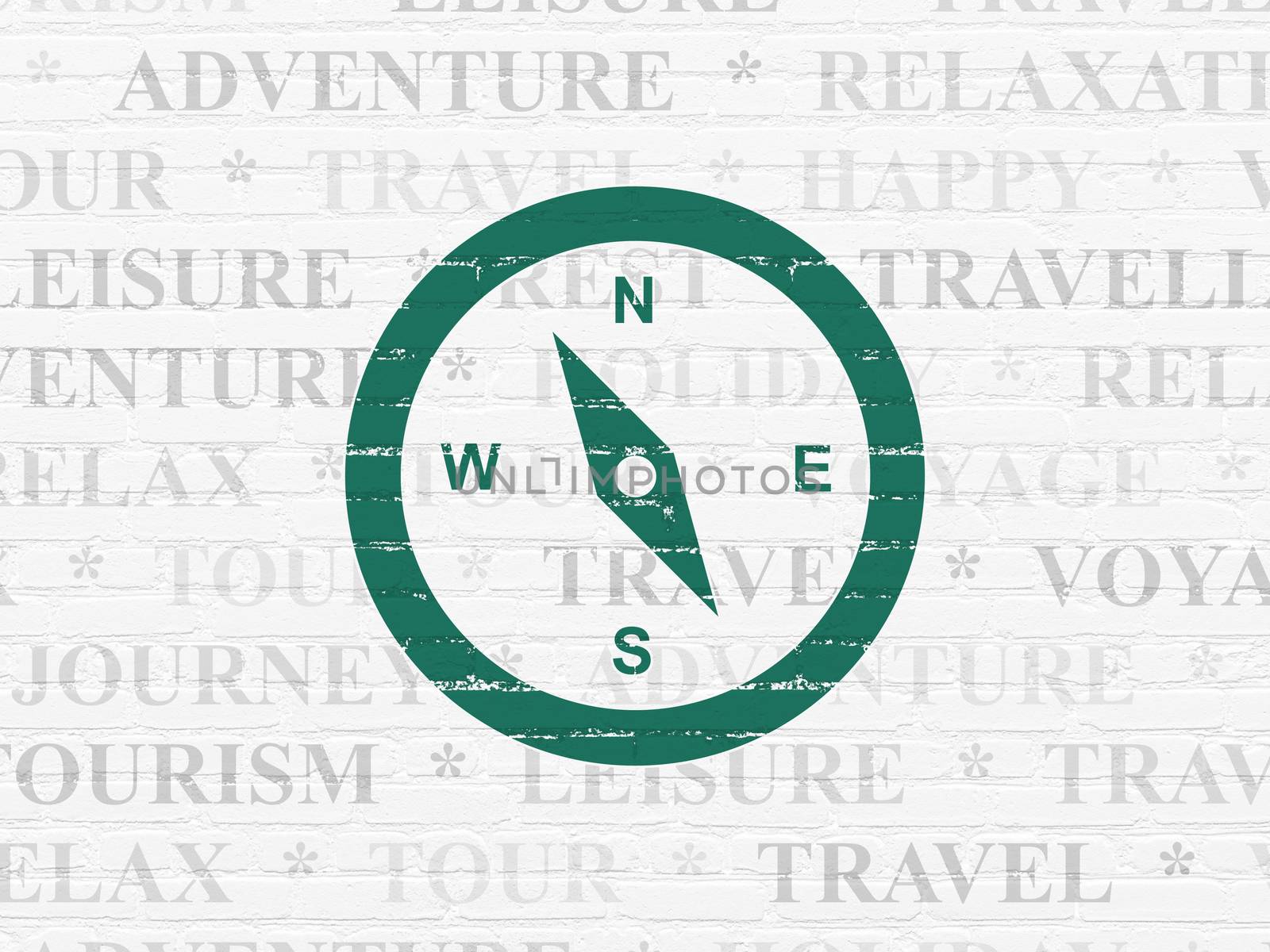 Tourism concept: Painted green Compass icon on White Brick wall background with  Tag Cloud