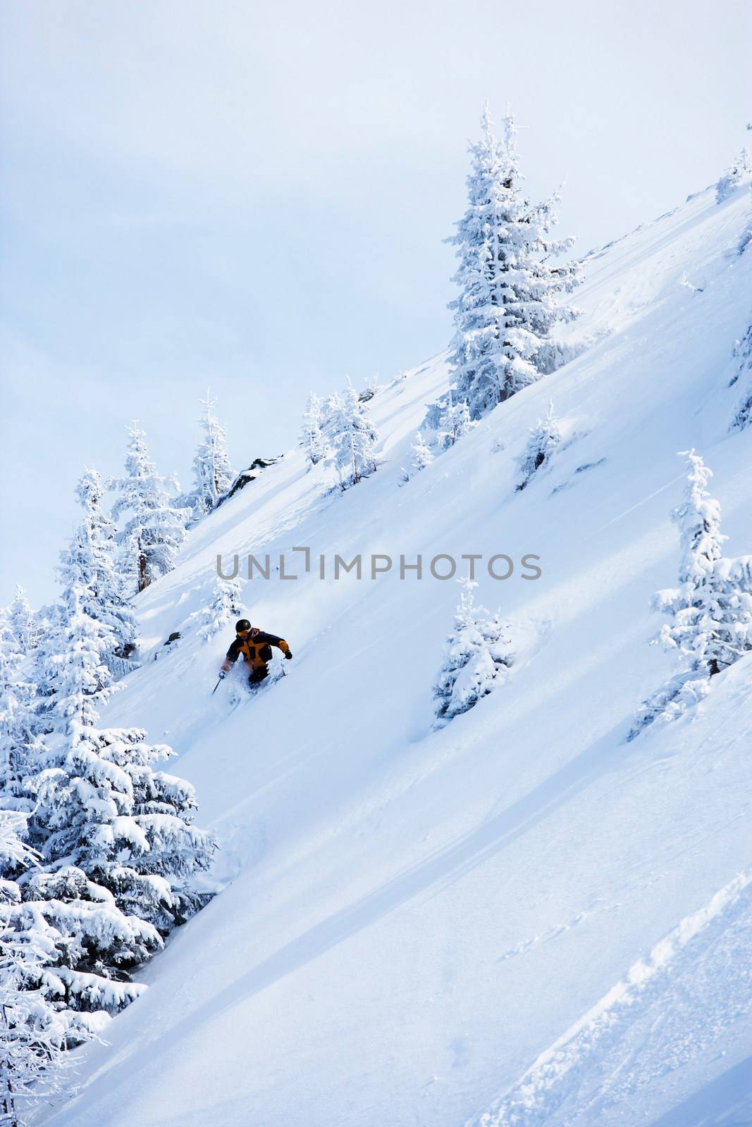 Man in black & orange outfit off-piste.