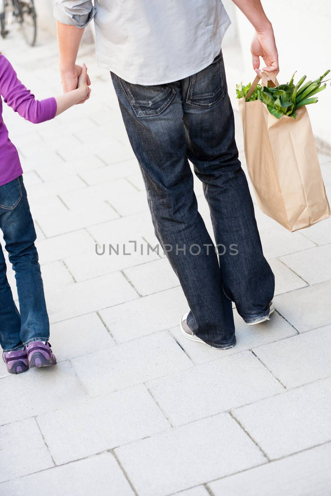 Father and girl shopping groceries