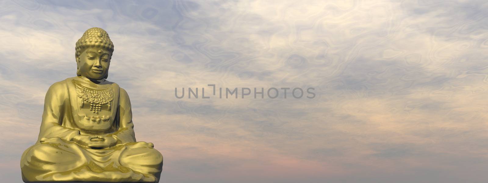 Golden buddha meditating in cloudy sky - 3D render