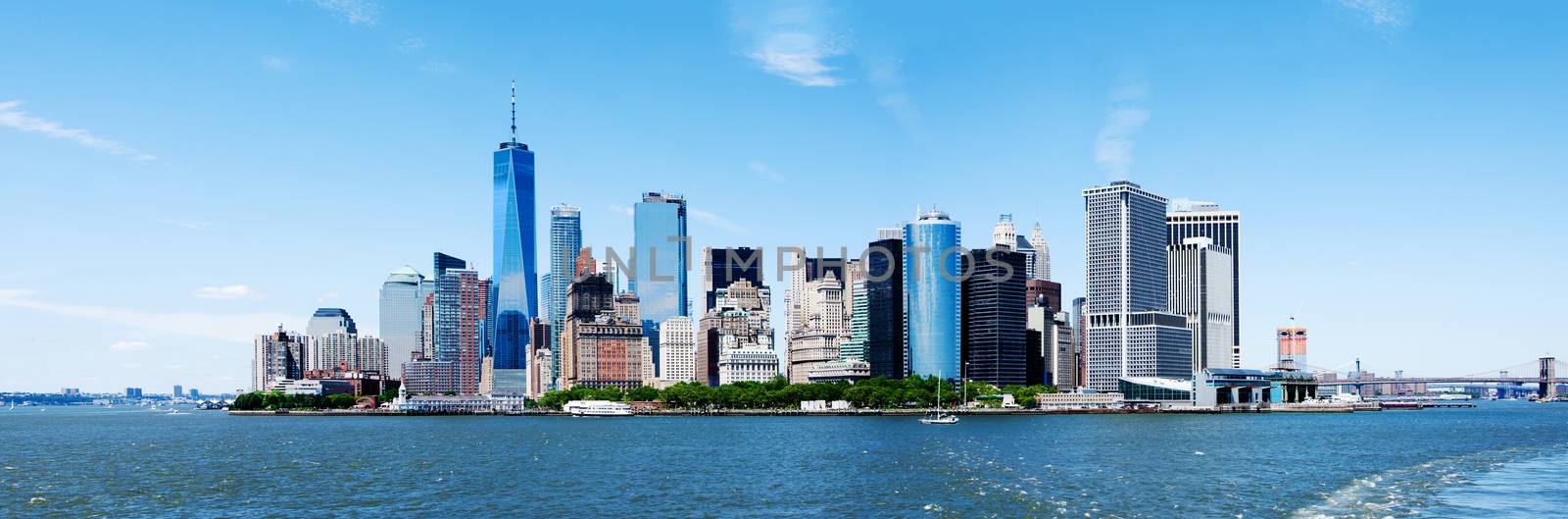 Panorama of Landmark New York City Manhattan Skyline and World Trade Center Freedom Tower.