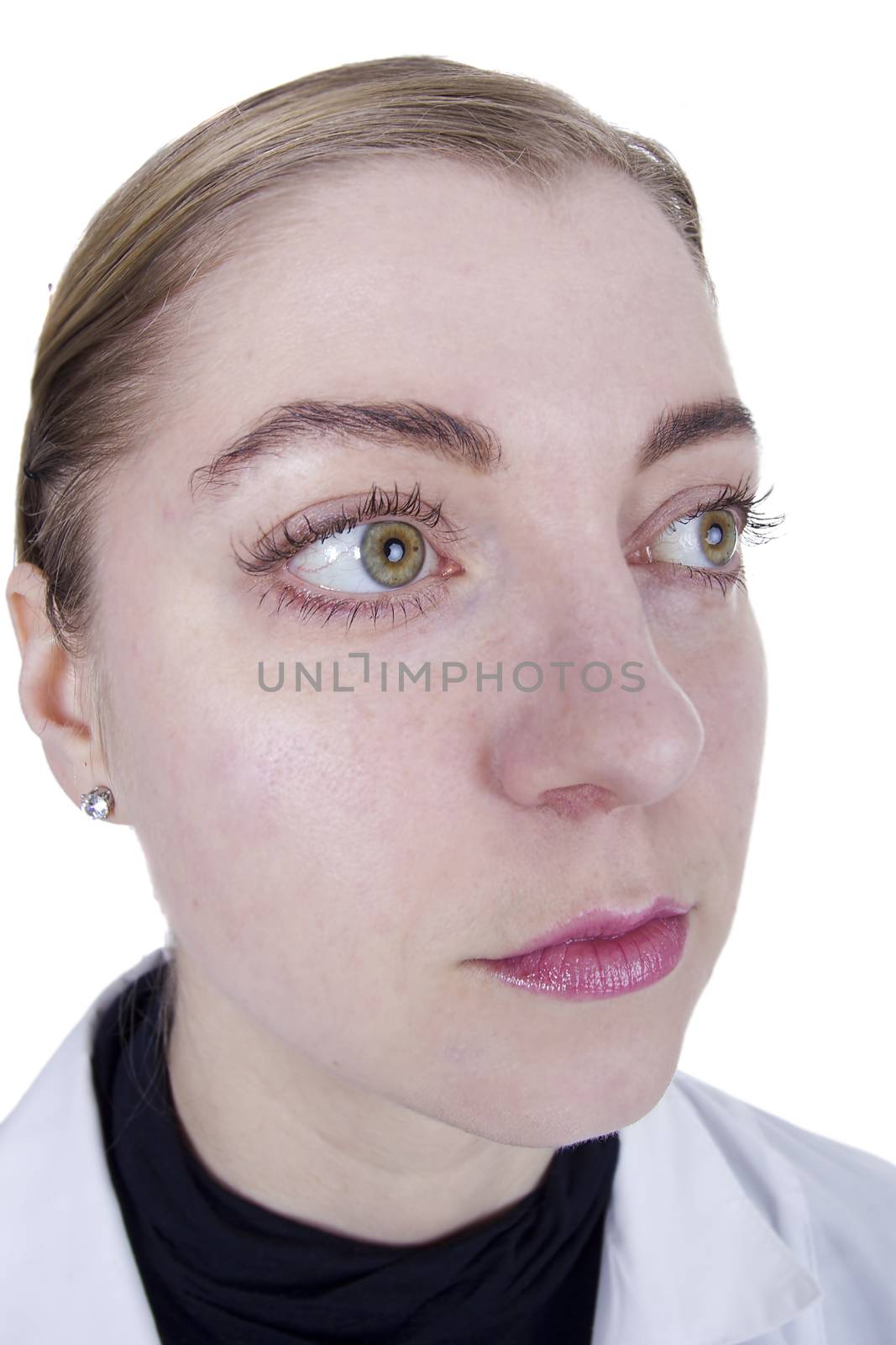 Strange young blonde woman close-up on a white background