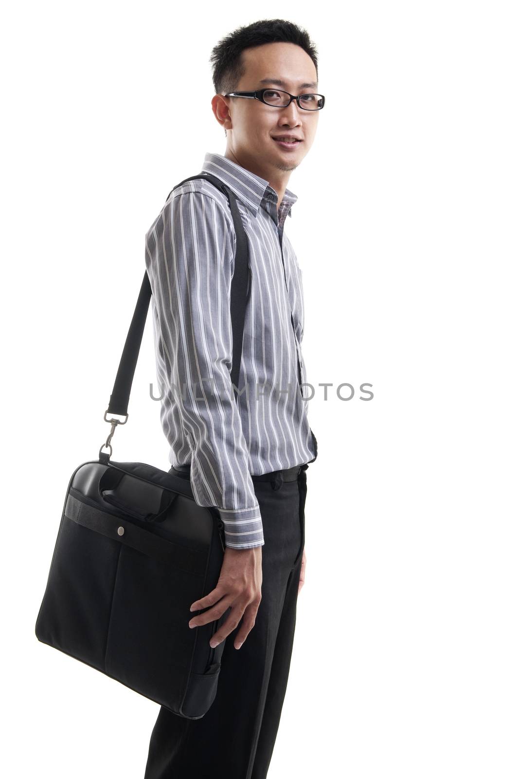Young Asian man with laptop bag by szefei