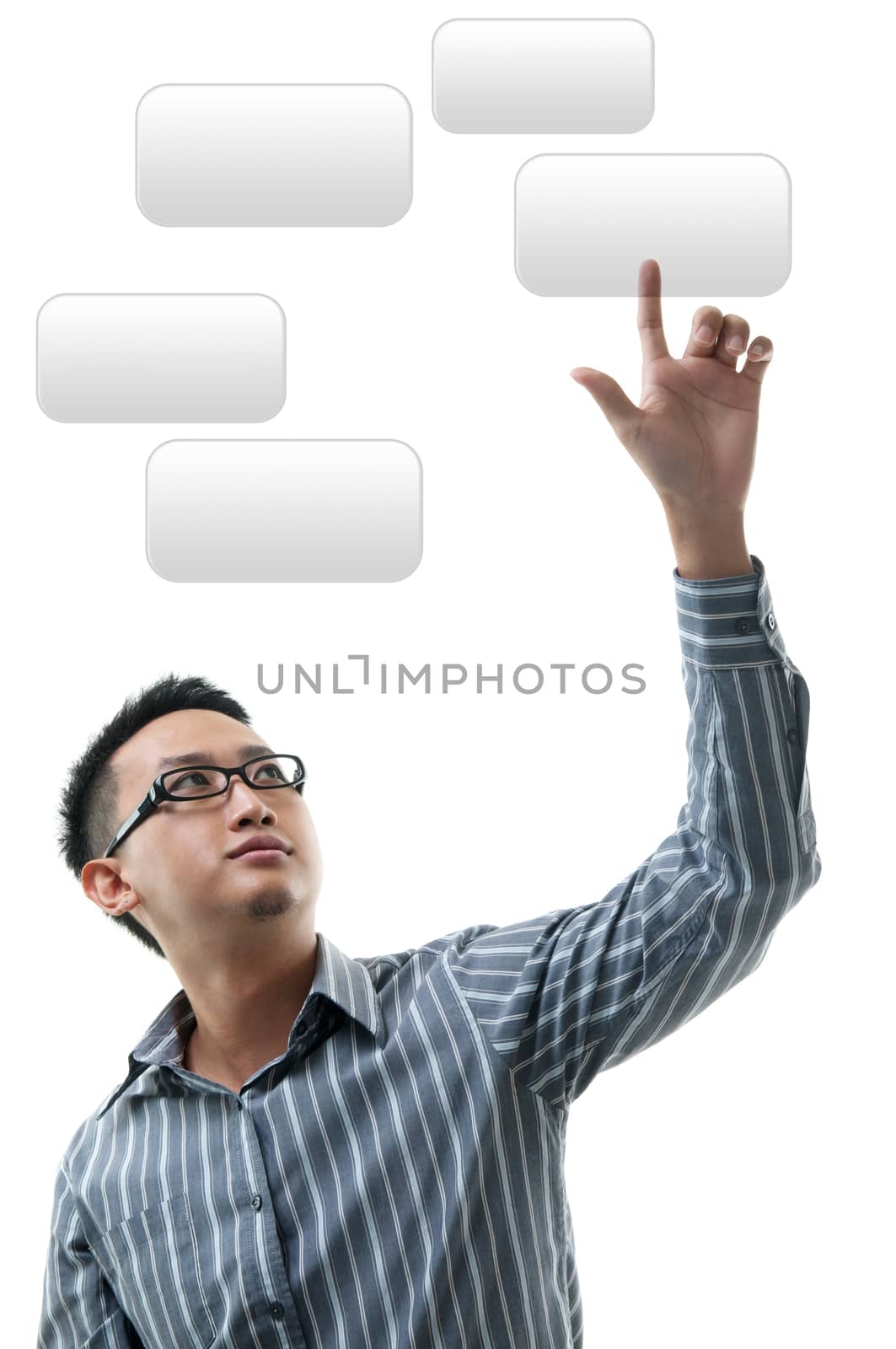 Asian businessman hand pointing on visual screen, standing isolated on white background