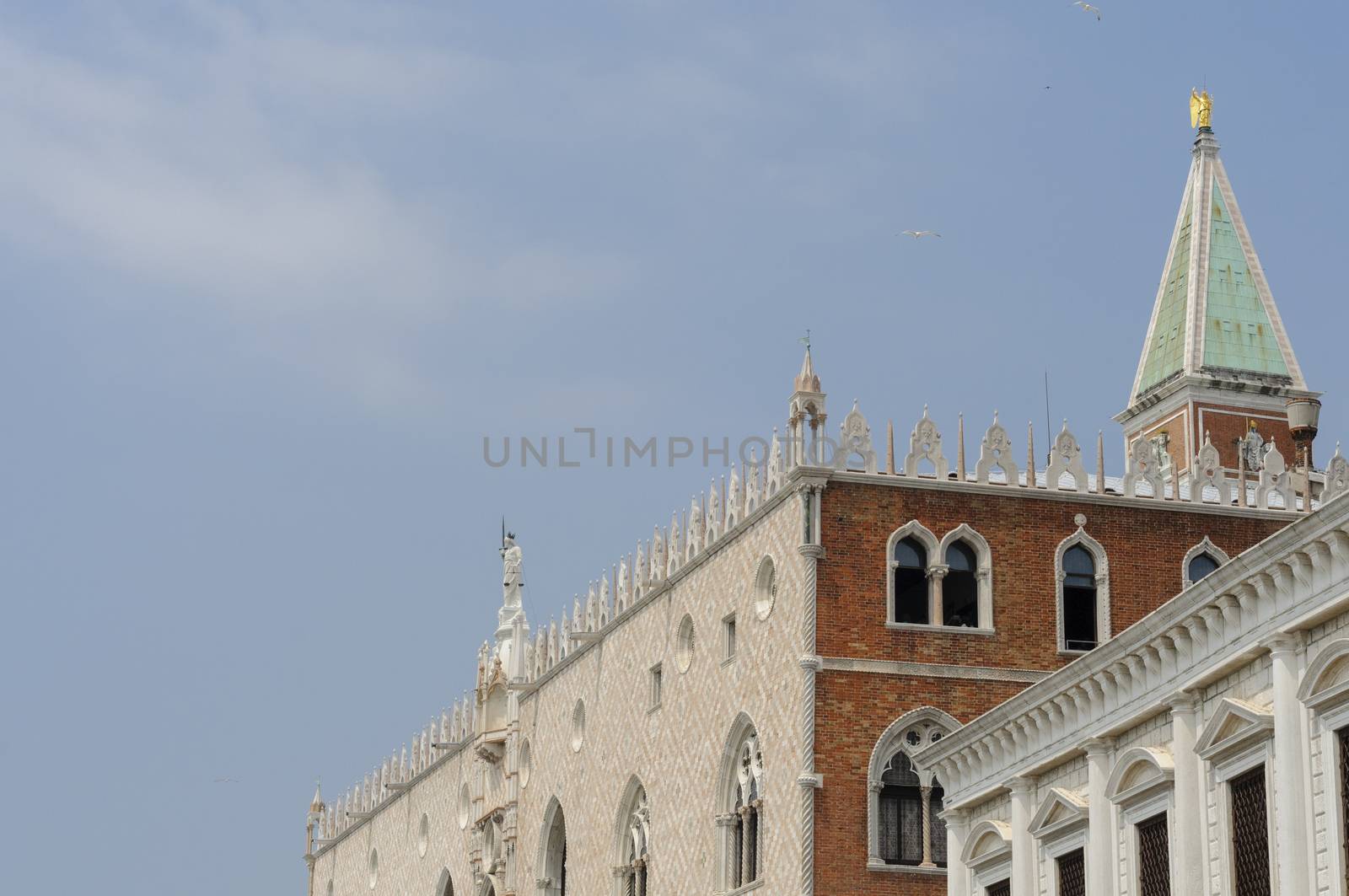 View of the facade and the roof of the Doge's Palace, one of the most famous landmarks of Venice, Veneto, Italy, Europe