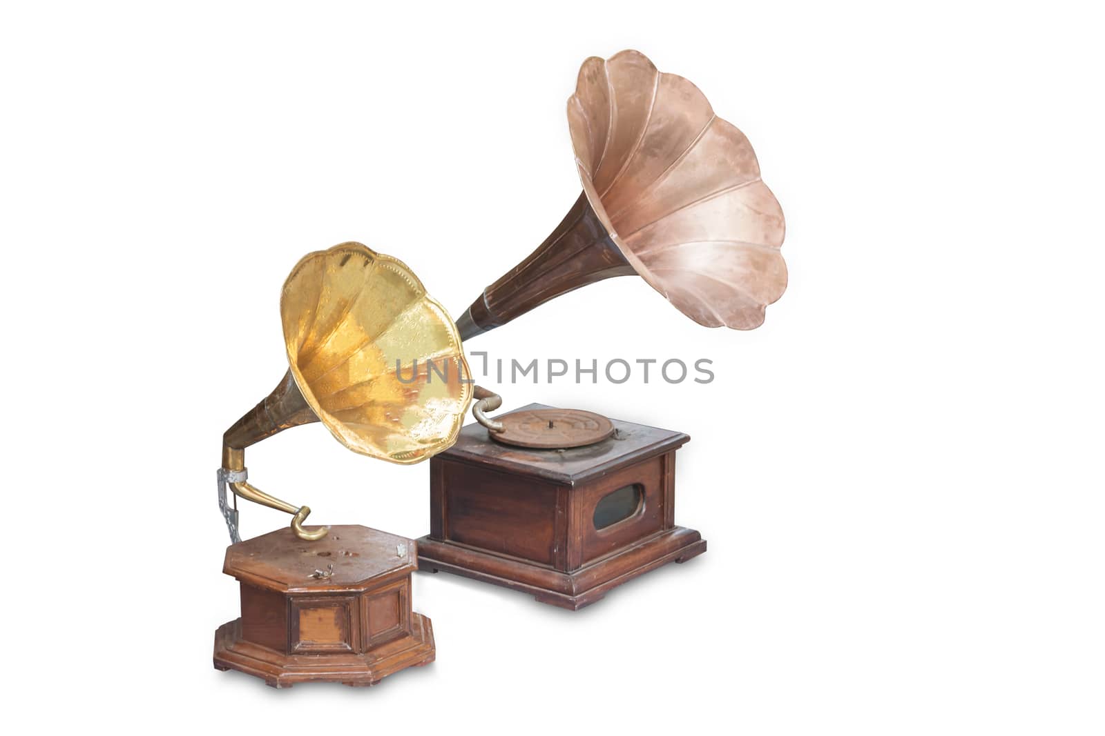 Vintage phonograph, record player, gramophone isolated on white background.