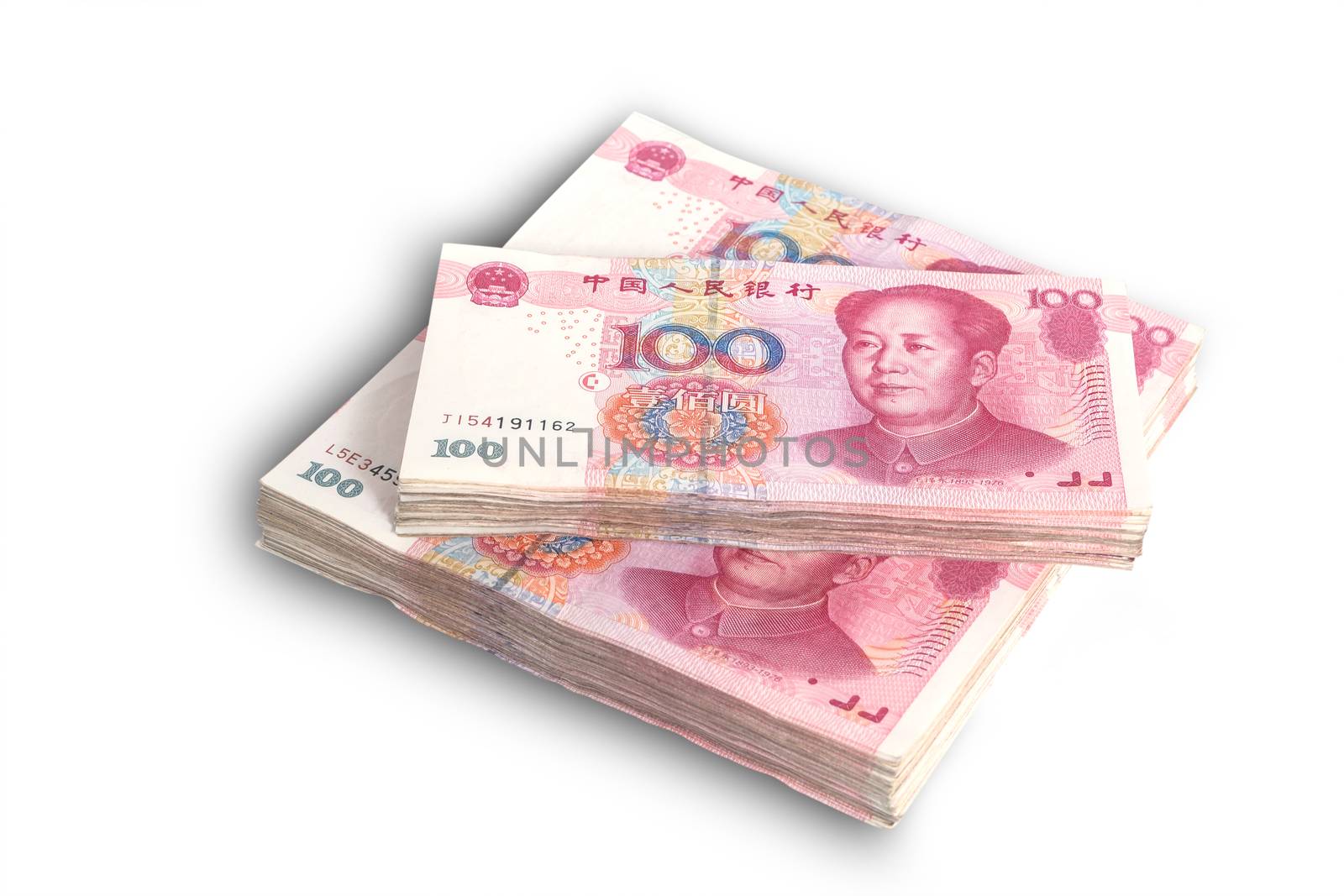 Yuan banknotes from China's currency, Chinese banknotes isolated on white background.