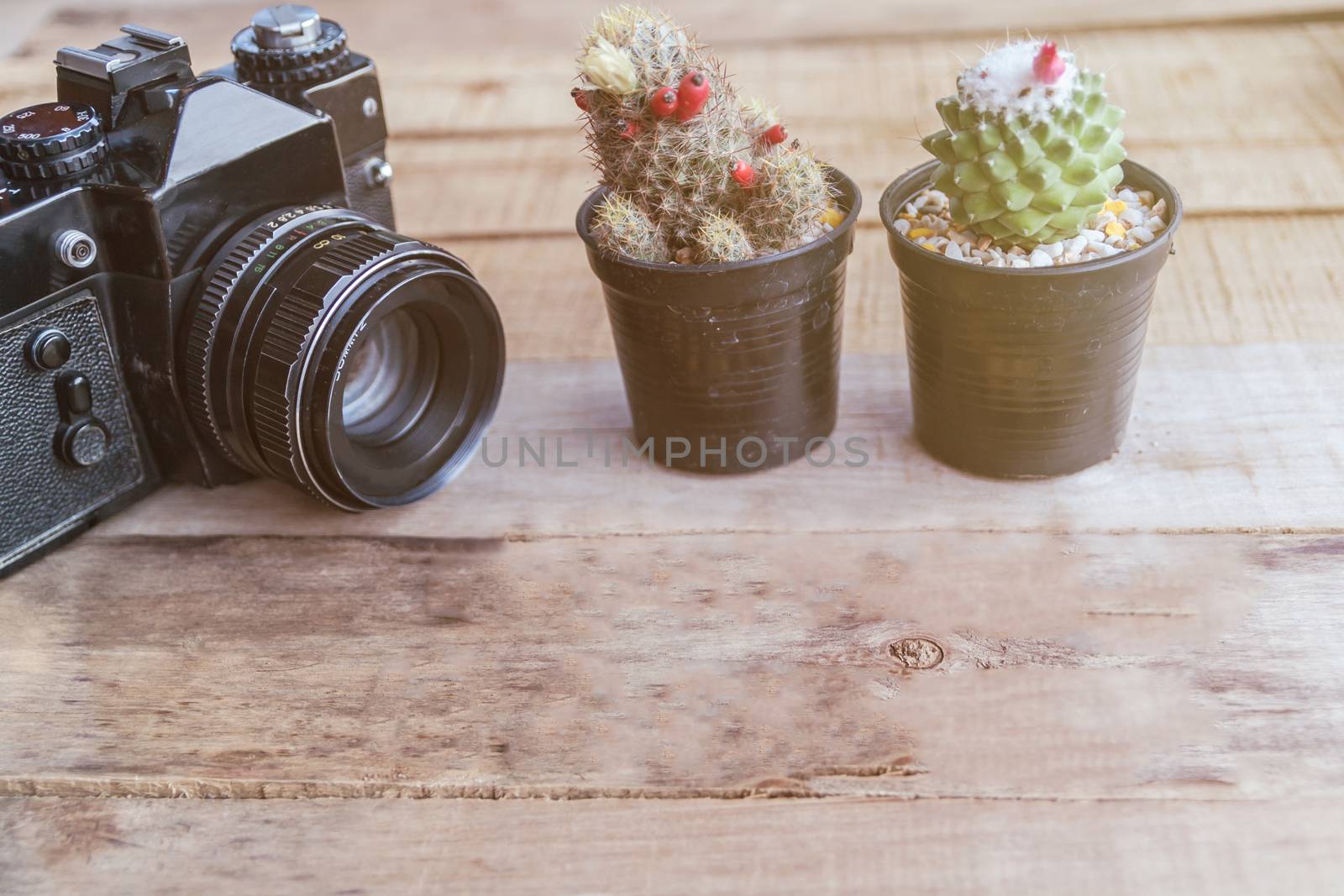 Old retro camera on vintage wooden boards, abstract background
