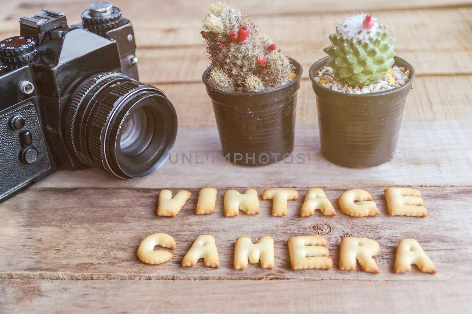 Old retro camera on vintage wooden boards with vintage camera text, abstract background
