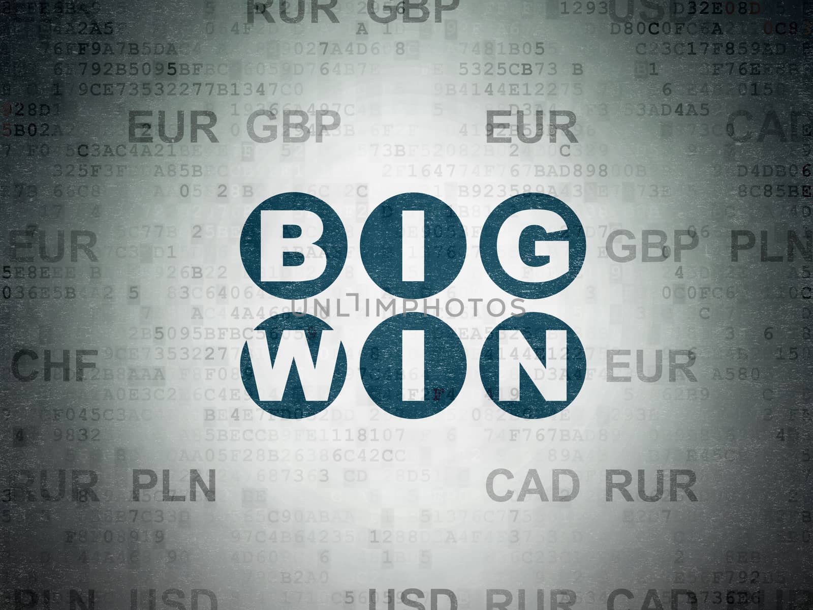 Business concept: Painted blue text Big Win on Digital Data Paper background with Currency