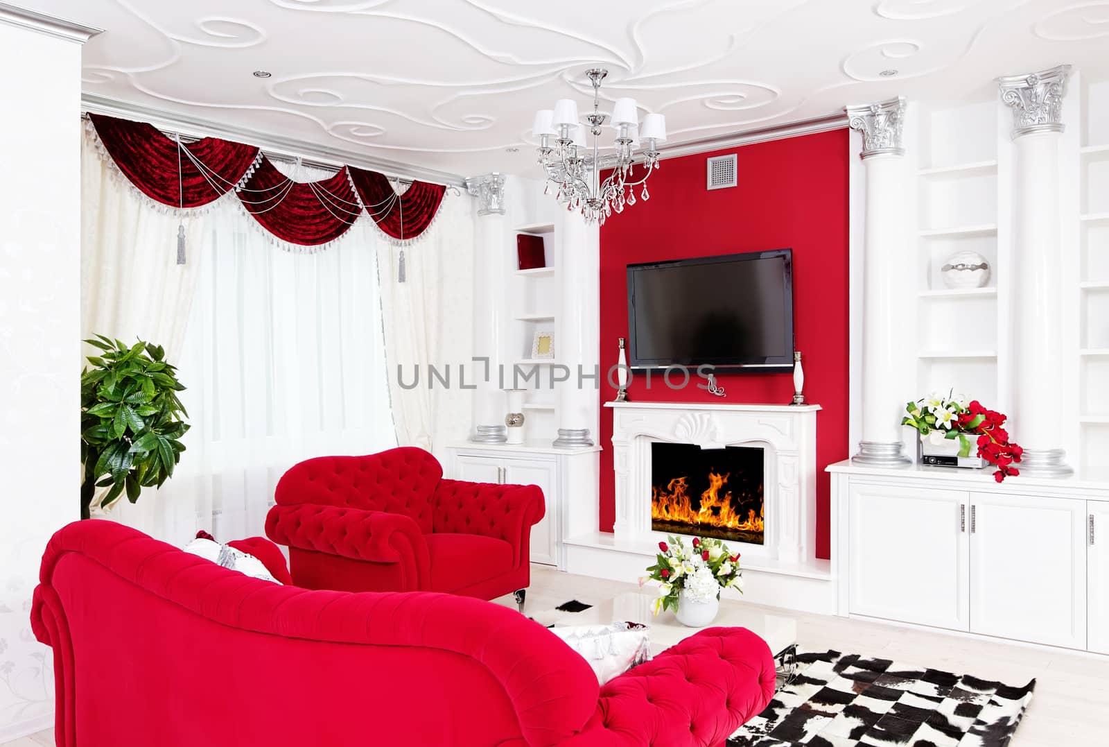 Classical living room white interior with fireplace and beautifu by RawGroup