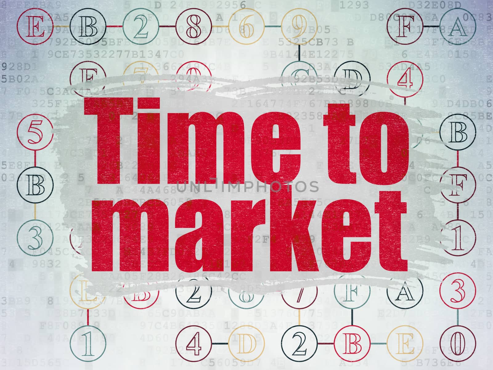 Time concept: Painted red text Time to Market on Digital Data Paper background with  Scheme Of Hexadecimal Code