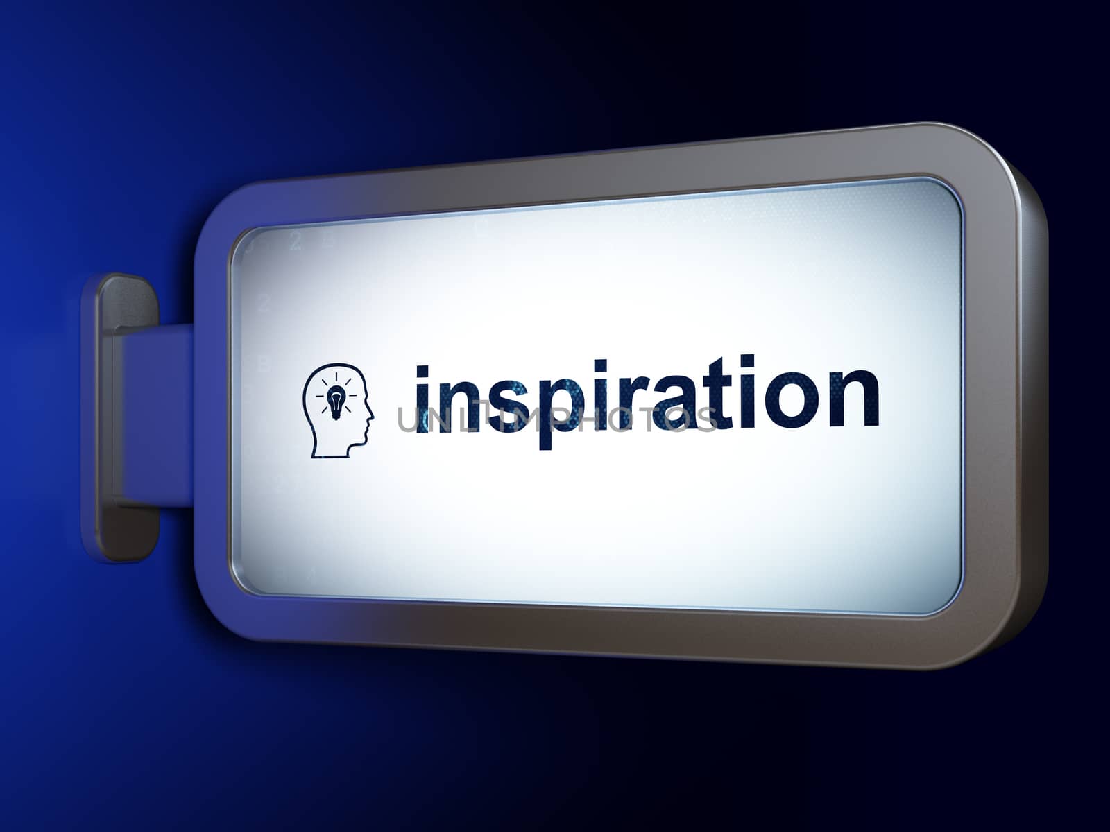 Marketing concept: Inspiration and Head With Lightbulb on advertising billboard background, 3D rendering