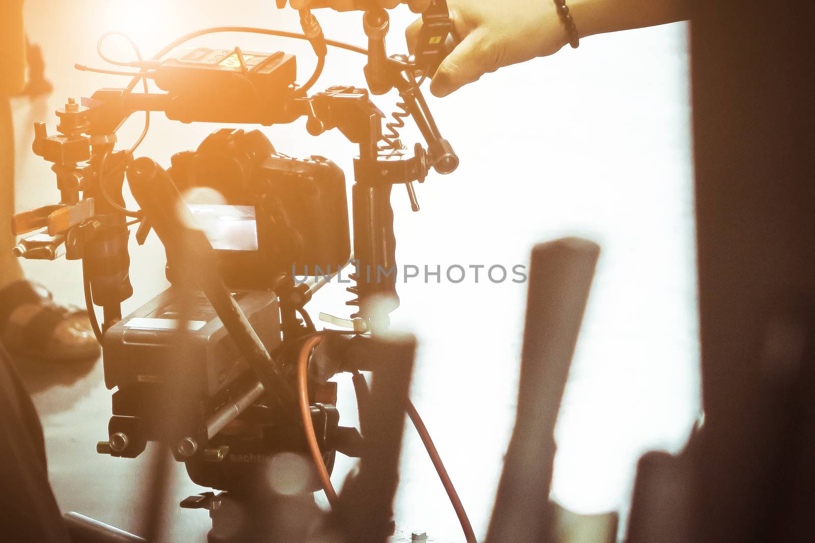 detail of Video camera viewfinder, film crew production, behind the scenes background
