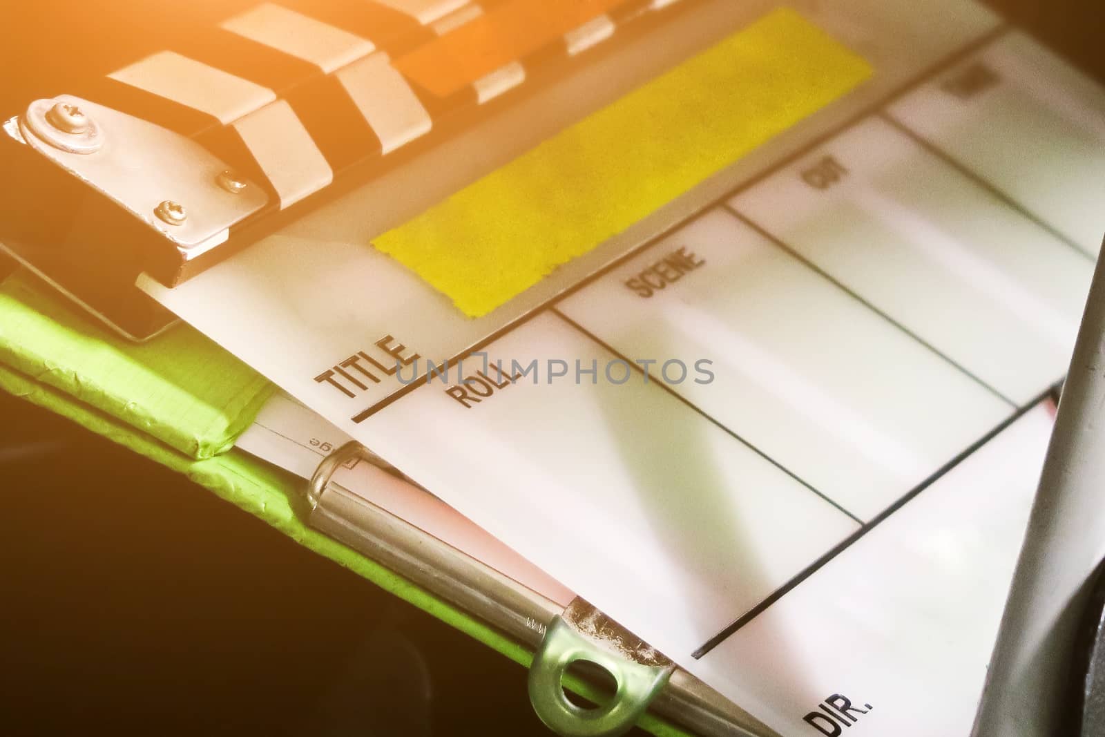 detail of film slate close up. Behind the scene background.,film idustry equipment