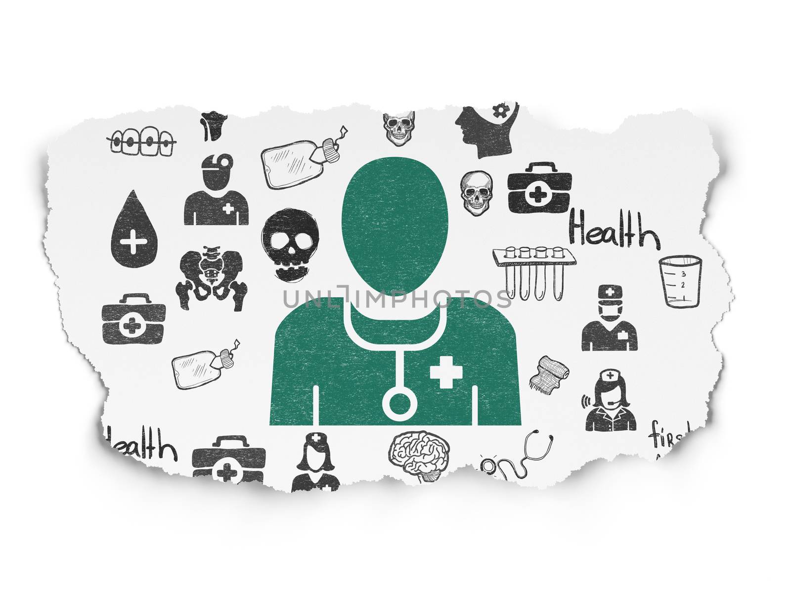 Health concept: Painted green Doctor icon on Torn Paper background with  Hand Drawn Medicine Icons