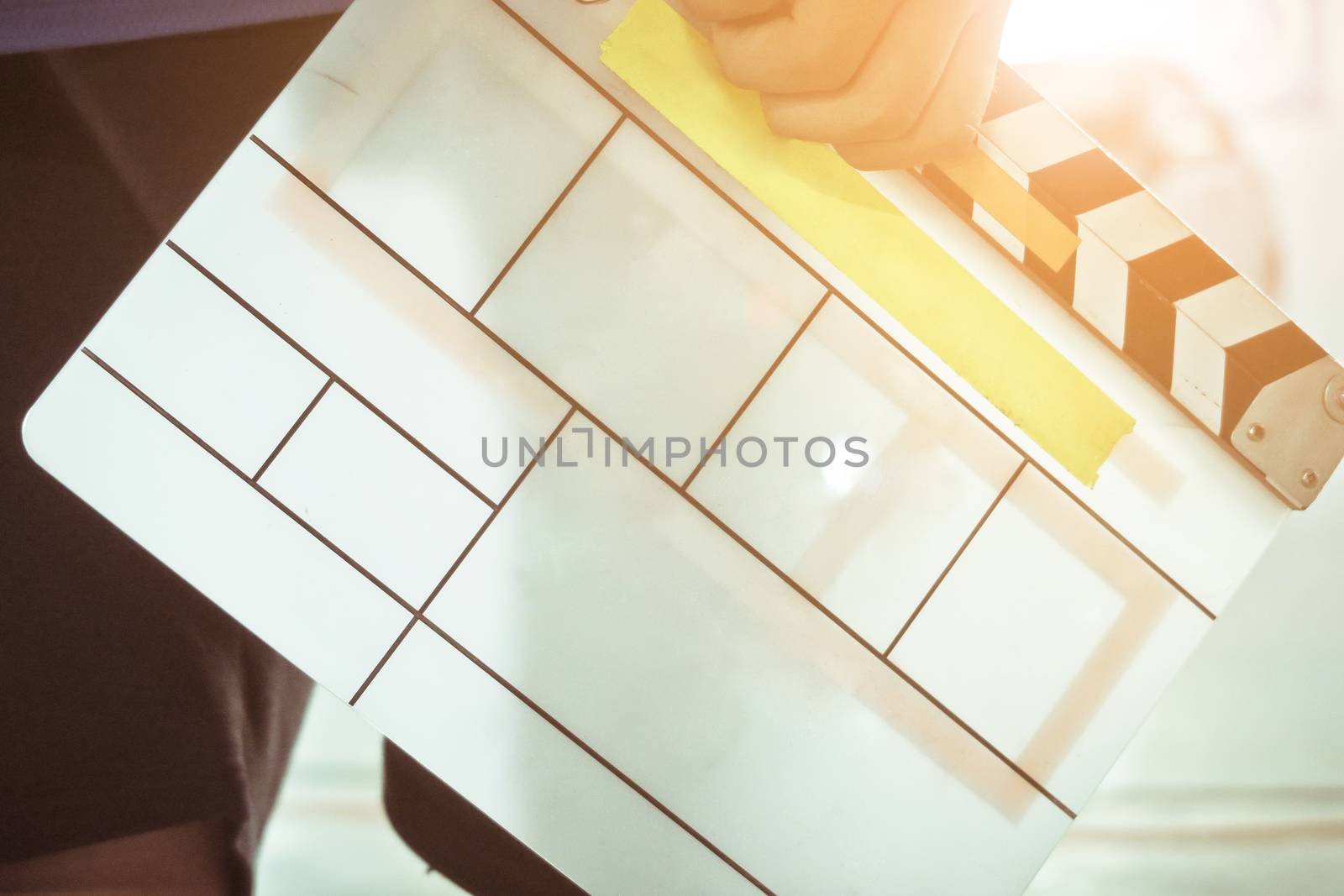 Film Slate, close up image of film production crew holding Film Slate on set