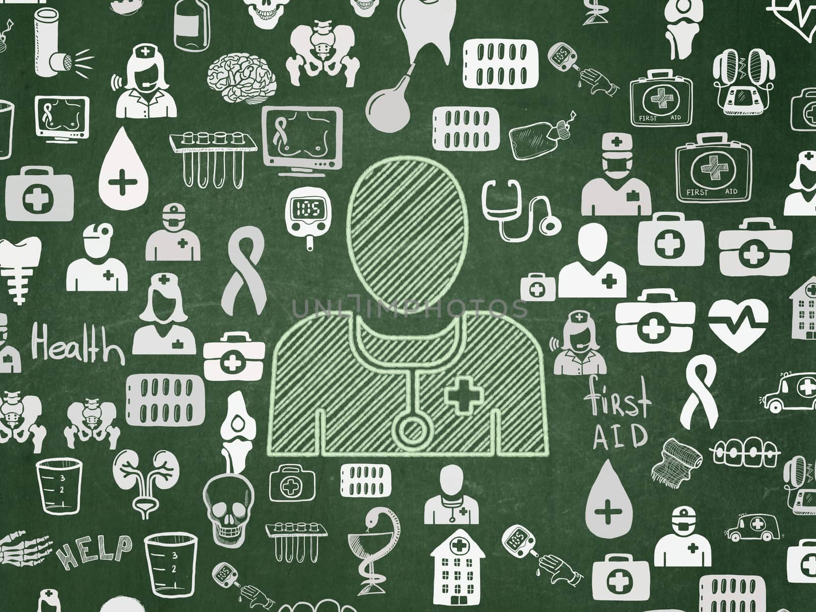 Healthcare concept: Chalk Green Doctor icon on School board background with  Hand Drawn Medicine Icons, School Board