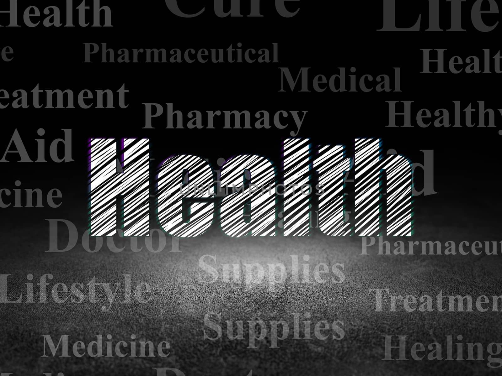 Healthcare concept: Glowing text Health in grunge dark room with Dirty Floor, black background with  Tag Cloud