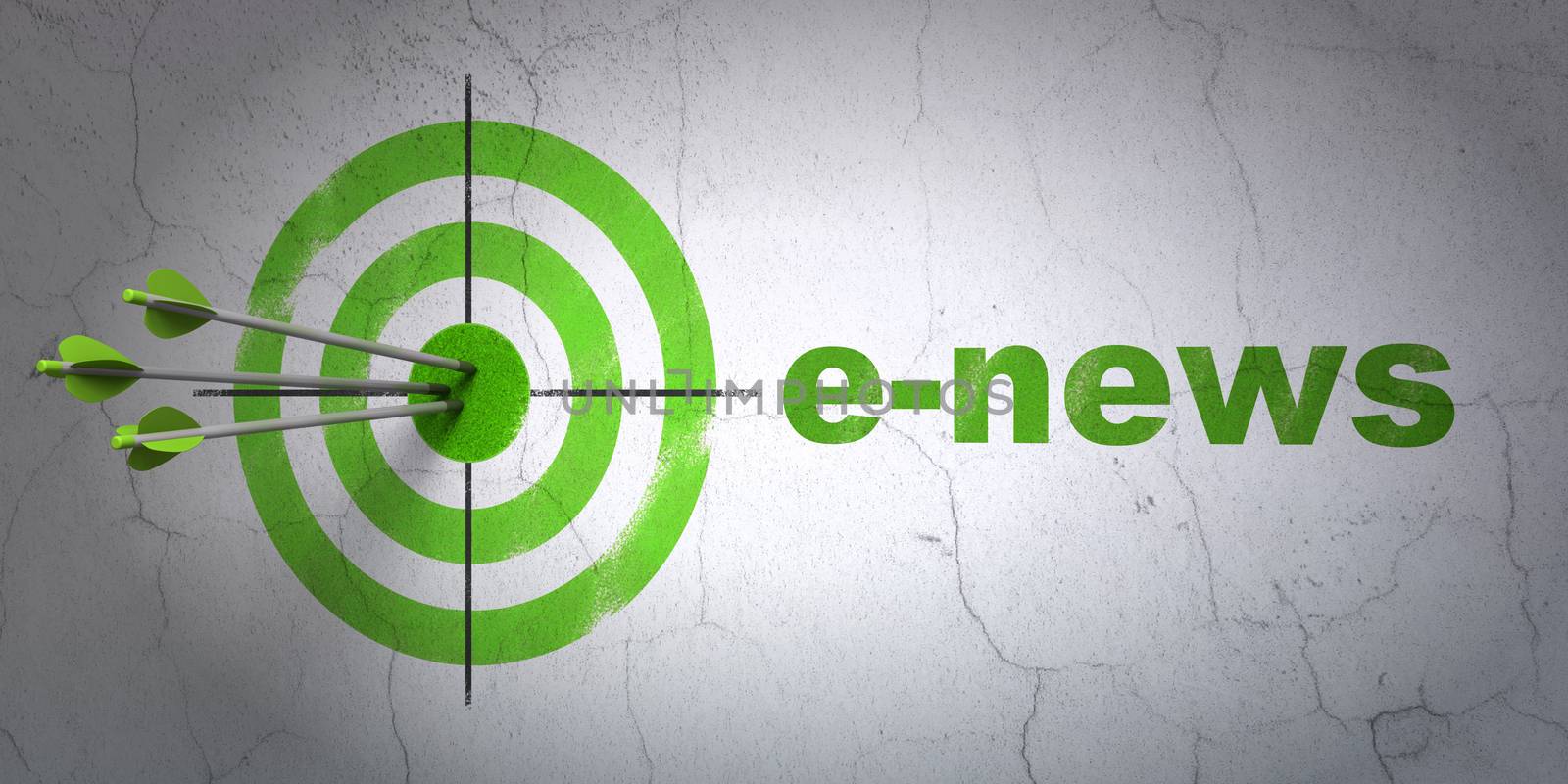 Success news concept: arrows hitting the center of target, Green E-news on wall background, 3D rendering