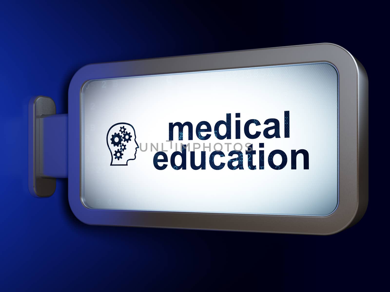 Studying concept: Medical Education and Head With Gears on advertising billboard background, 3D rendering