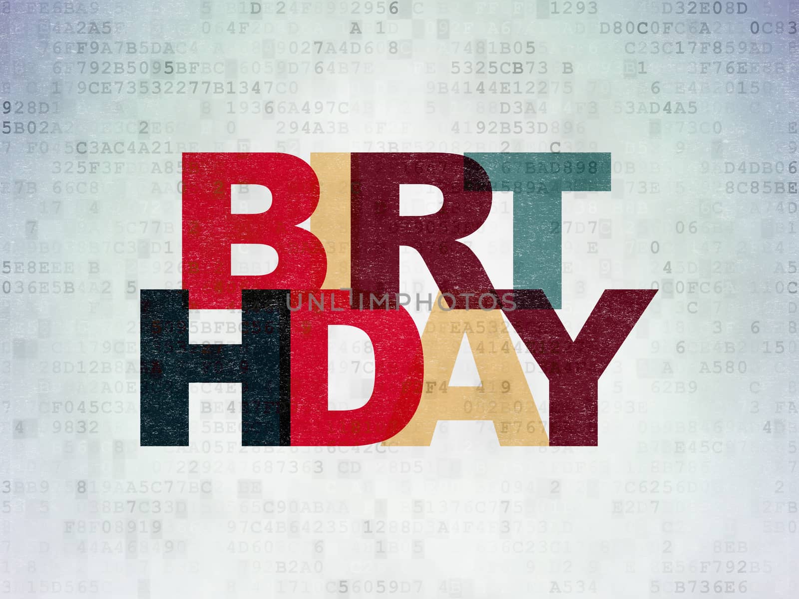 Entertainment, concept: Painted multicolor text Birthday on Digital Data Paper background