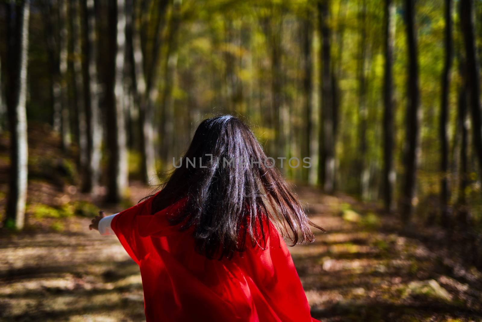 Little Red Riding Hood run in the woodland
