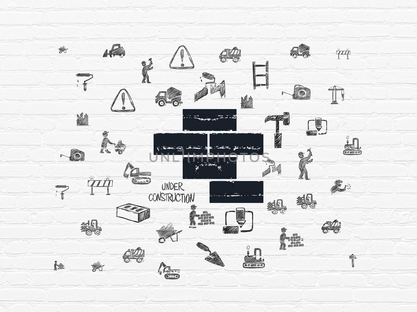 Building construction concept: Painted black Bricks icon on White Brick wall background with  Hand Drawn Building Icons