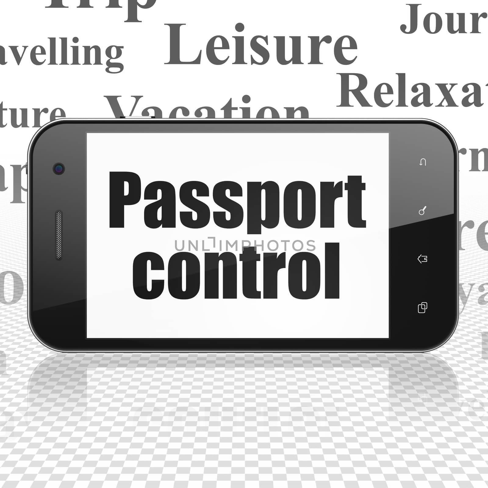 Tourism concept: Smartphone with  black text Passport Control on display,  Tag Cloud background, 3D rendering