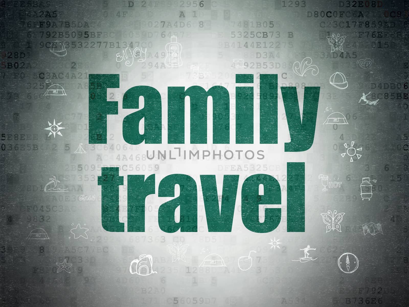 Tourism concept: Painted green text Family Travel on Digital Data Paper background with  Hand Drawn Vacation Icons