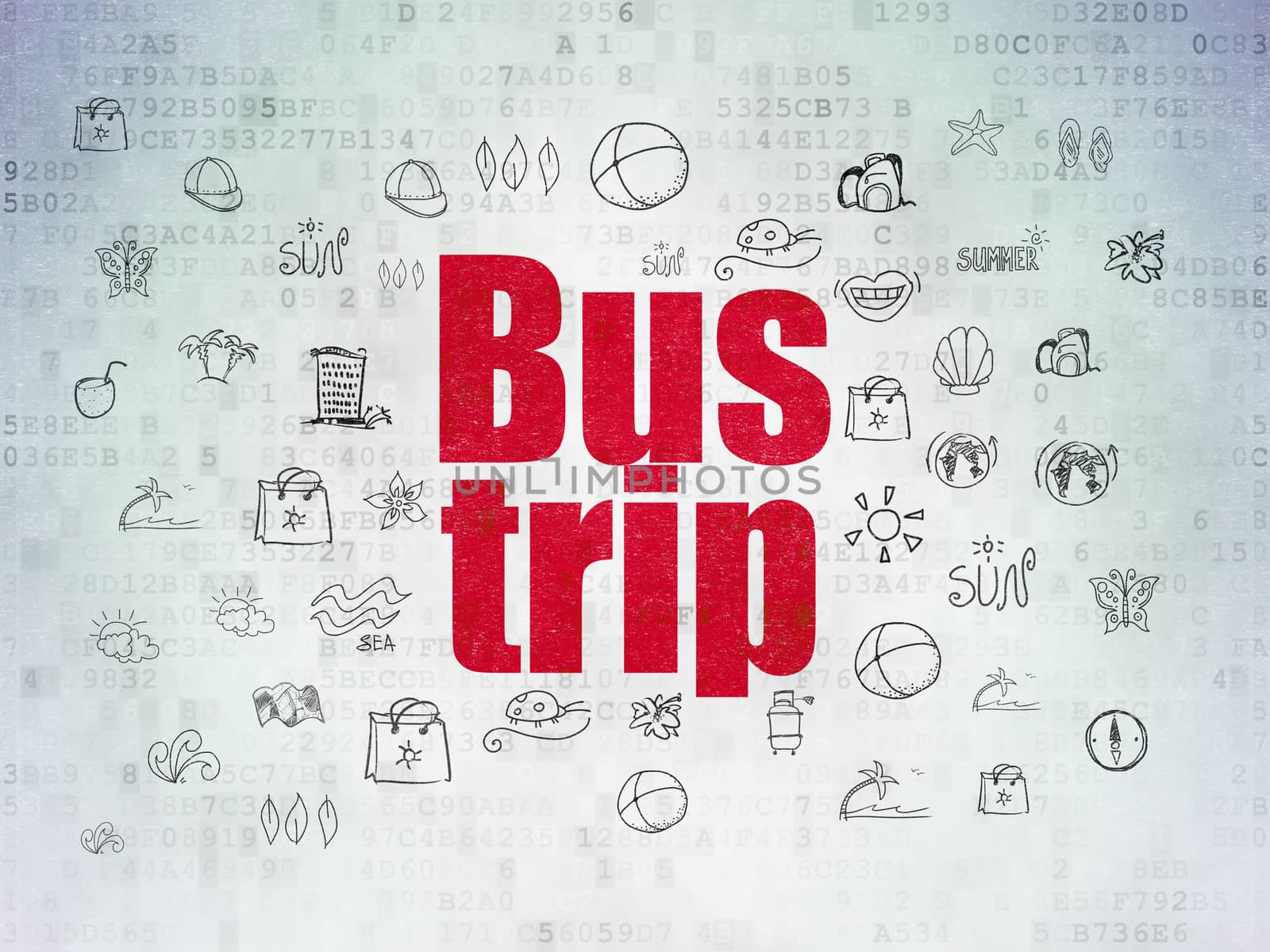 Vacation concept: Painted red text Bus Trip on Digital Data Paper background with  Hand Drawn Vacation Icons