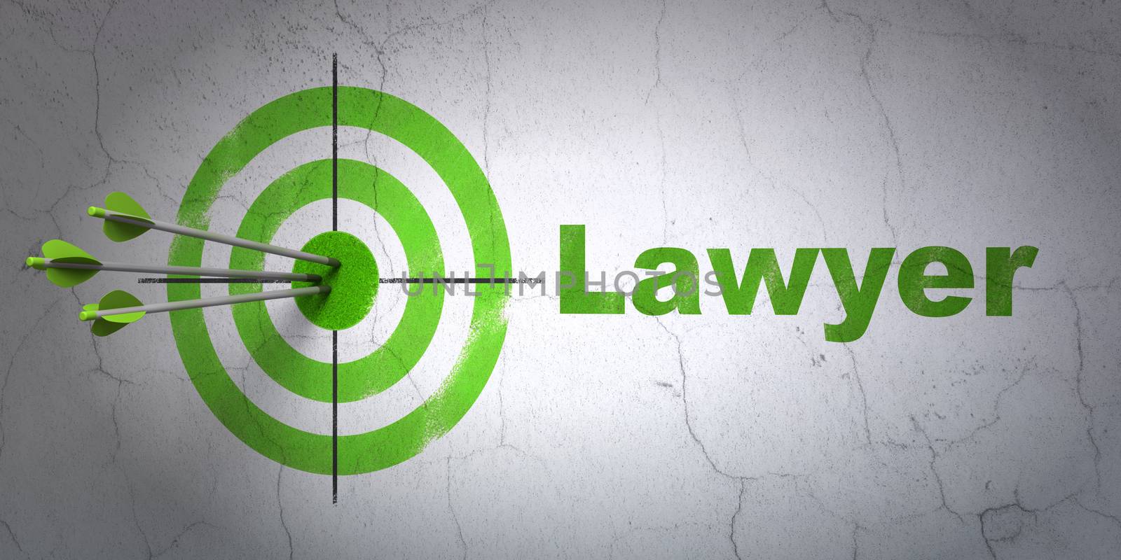 Success law concept: arrows hitting the center of target, Green Lawyer on wall background, 3D rendering