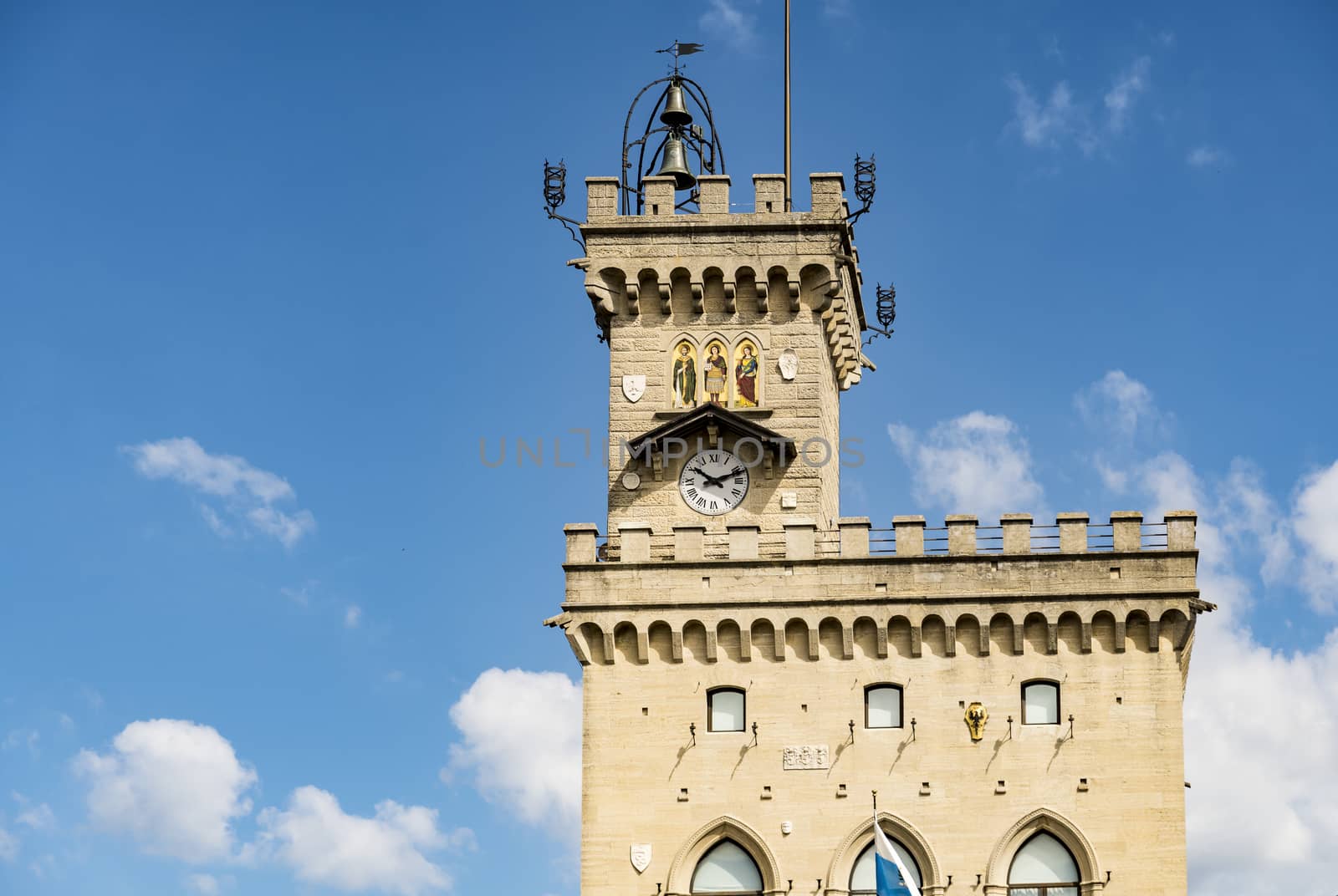 San Marino - June 18: Central square of San Marino with the Public Palace and statue of Liberty on June 18, 2017 in Sam Marino Republic