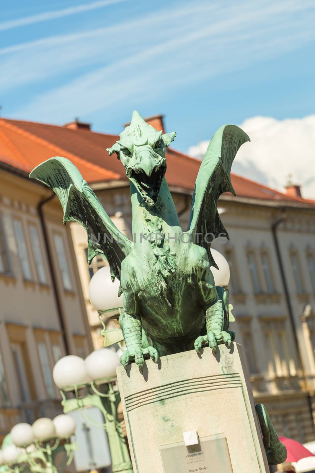 Famous Dragon bridge, Zmajski most, symbol of Ljubljana, capital of Slovenia, Europe.