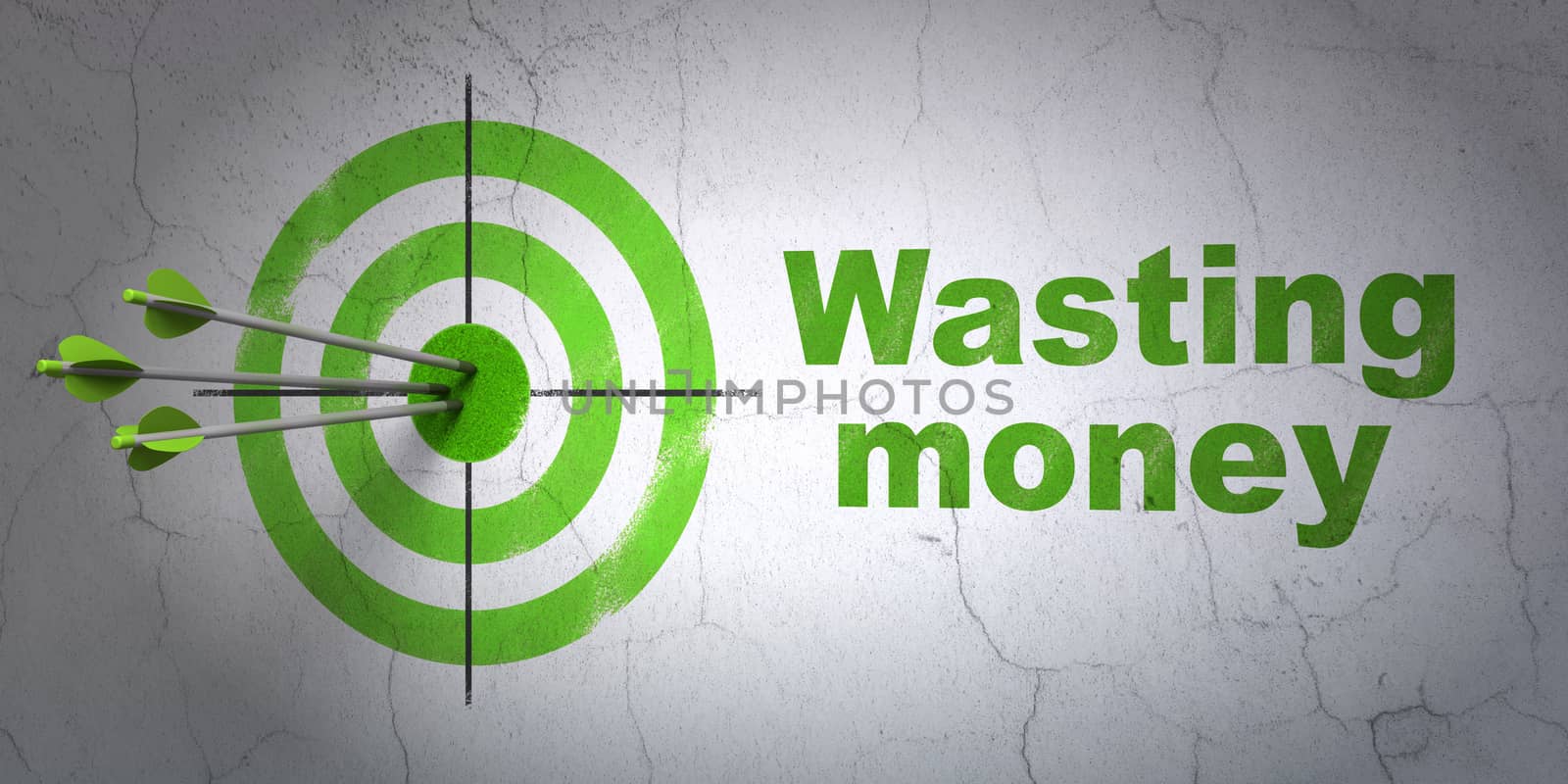 Success currency concept: arrows hitting the center of target, Green Wasting Money on wall background, 3D rendering