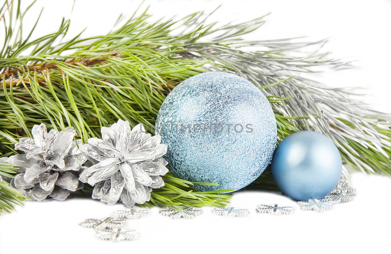 New year composition with fir tree, cones and balls