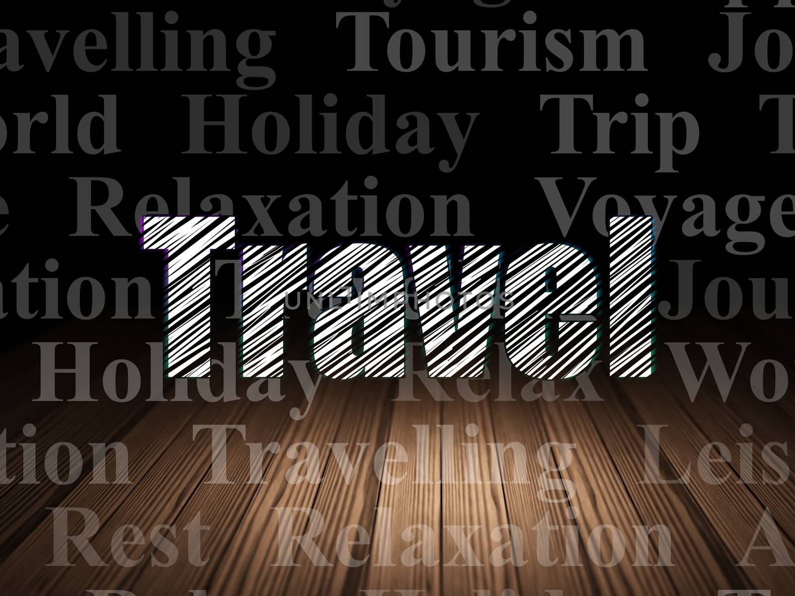 Travel concept: Glowing text Travel in grunge dark room with Wooden Floor, black background with  Tag Cloud