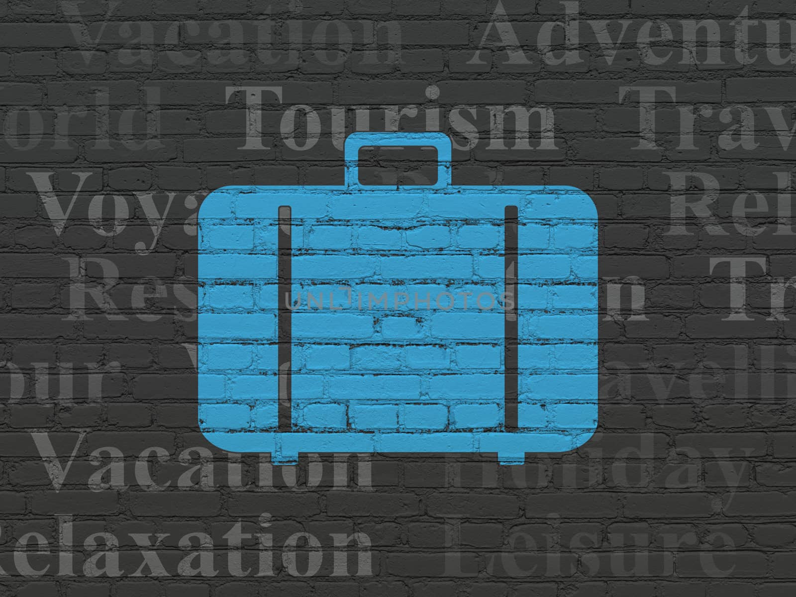 Travel concept: Painted blue Bag icon on Black Brick wall background with  Tag Cloud