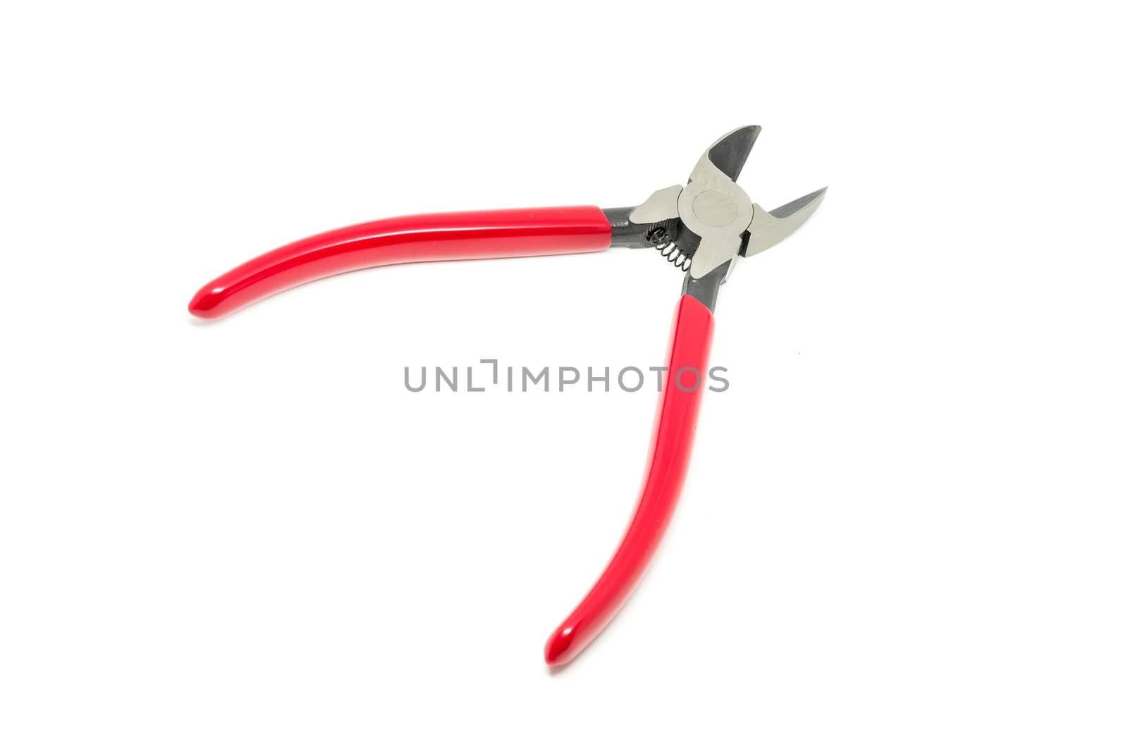 Red open and handled pliers  on a white background.Tools series.