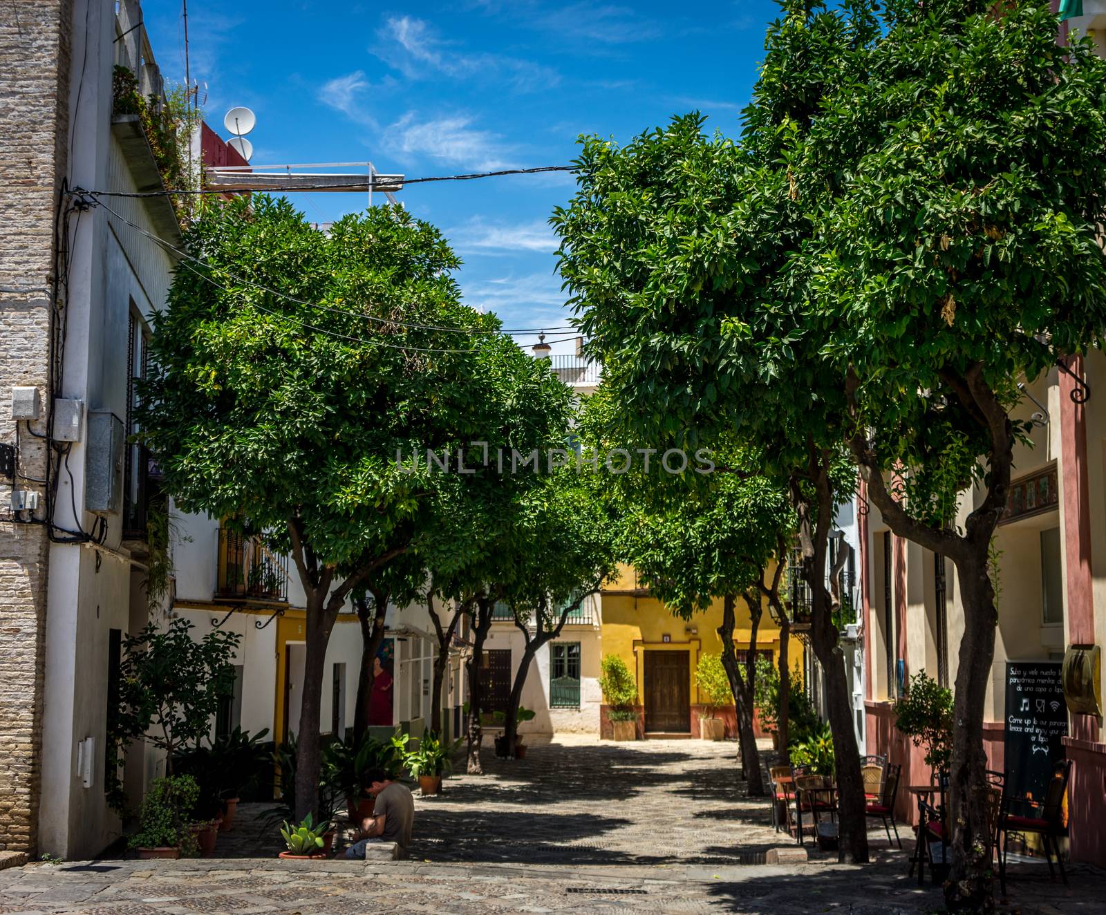 A view of the street in Seville on a hot summer day with a blue  by ramana16