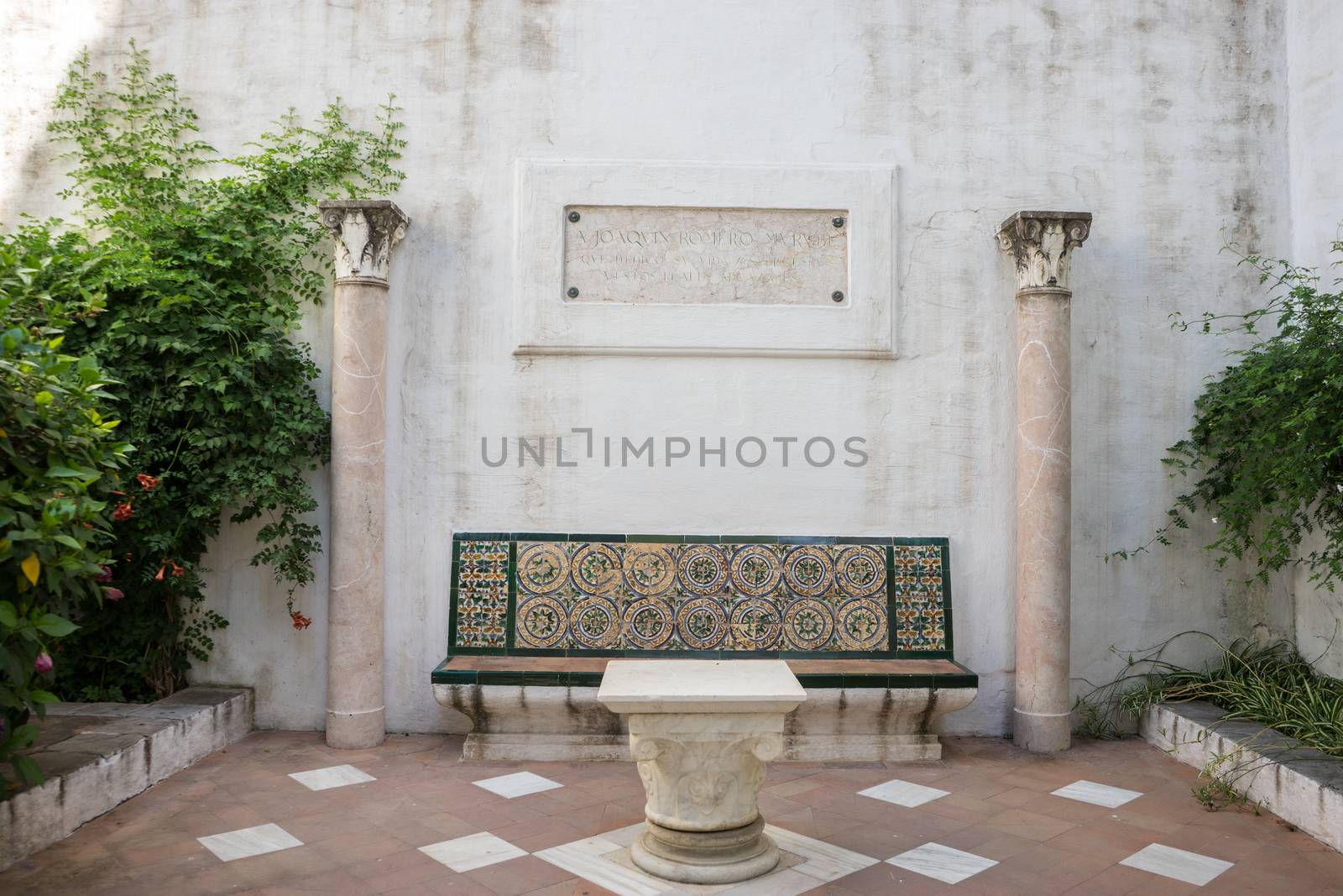 Marble bench with pillars in Seville, Spain, Europe